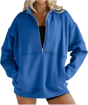 Half Zip Sweatshirts For Women 2024 Trendy Long Sleeve Casual Loose Pullover Tops Fall Winter Outfits With Pockets