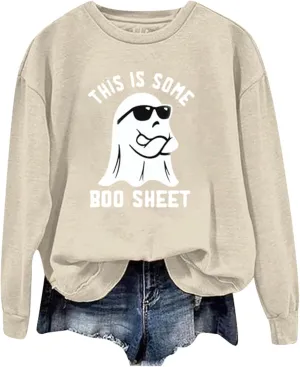 Halloween Crewneck Sweatshirts Women Ghost Print Loose Pullover Tops Graphic Long Sleeve Oversized Cute Sweatshirt