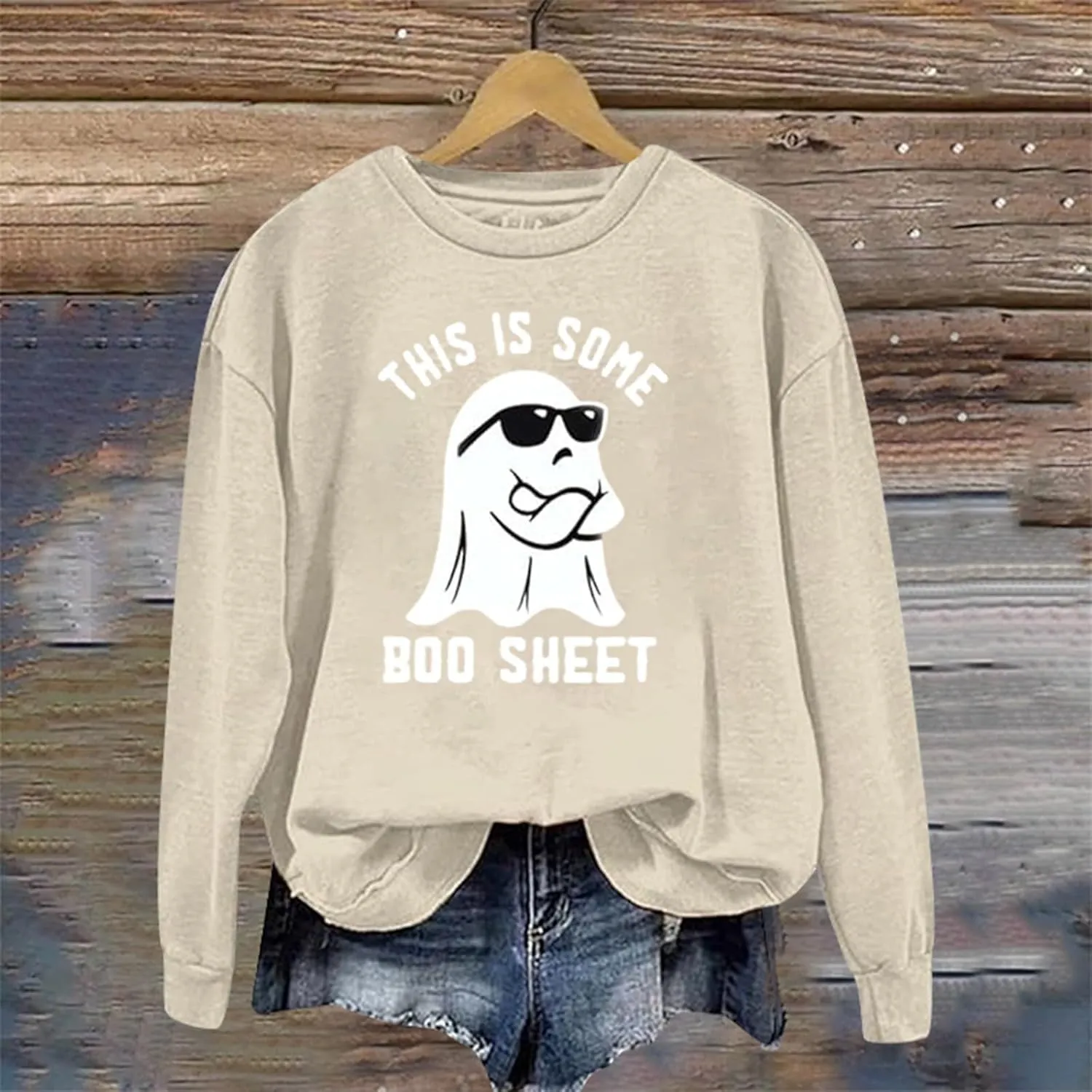 Halloween Crewneck Sweatshirts Women Ghost Print Loose Pullover Tops Graphic Long Sleeve Oversized Cute Sweatshirt