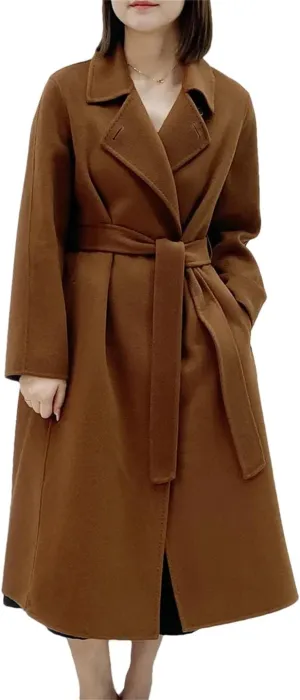 Hdhdeueh Women's Double Sided Cashmere Blends Coat One Button Lace Up Long Double Sided Wool Coats
