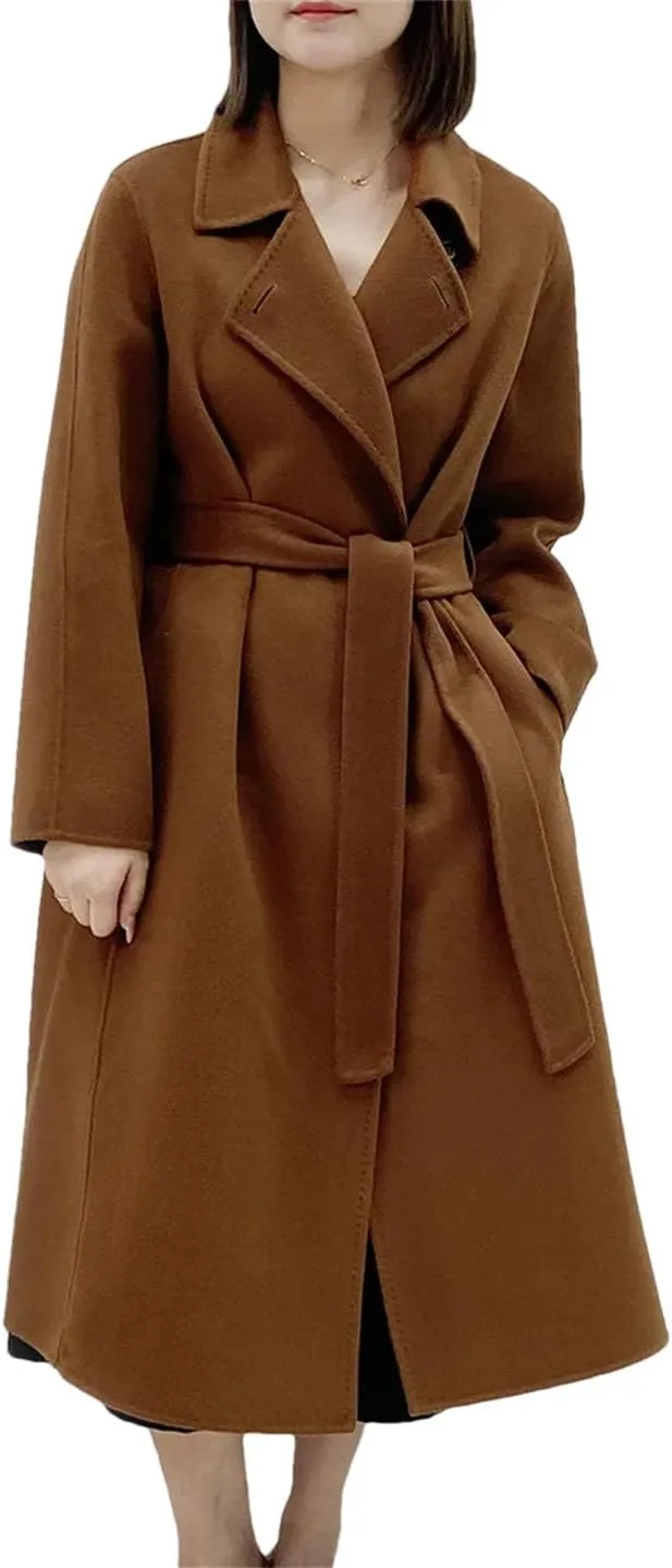 Hdhdeueh Women's Double Sided Cashmere Blends Coat One Button Lace Up Long Double Sided Wool Coats