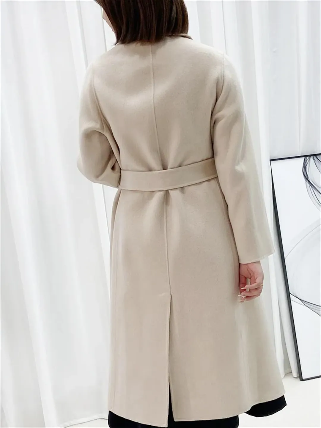 Hdhdeueh Women's Double Sided Cashmere Blends Coat One Button Lace Up Long Double Sided Wool Coats