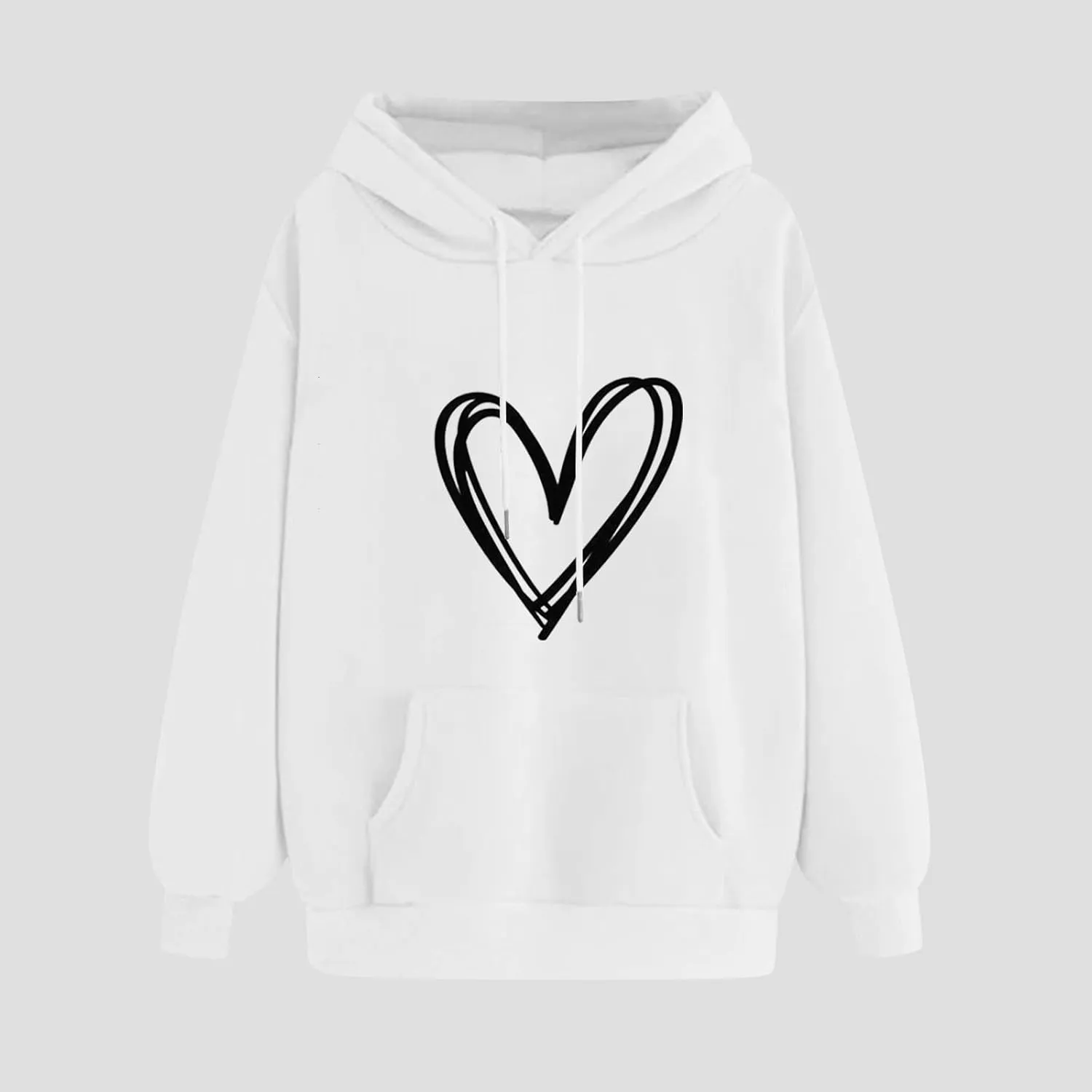 Heart Graphic Hoodie Women Casual Pullover Sweatshirt Drawstring Pocket Relaxed Long Sleeve Soft Streetwear
