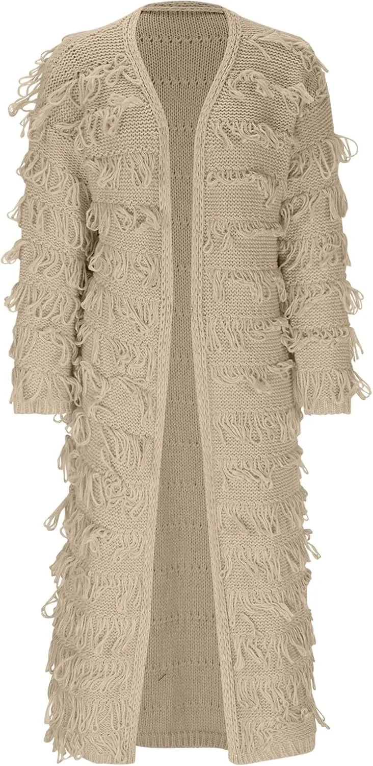 HGps8w Chic Tassles Long Cardigans for Women Casual Open Front Long Sleeve Cozy Knit Outerwear Jackets