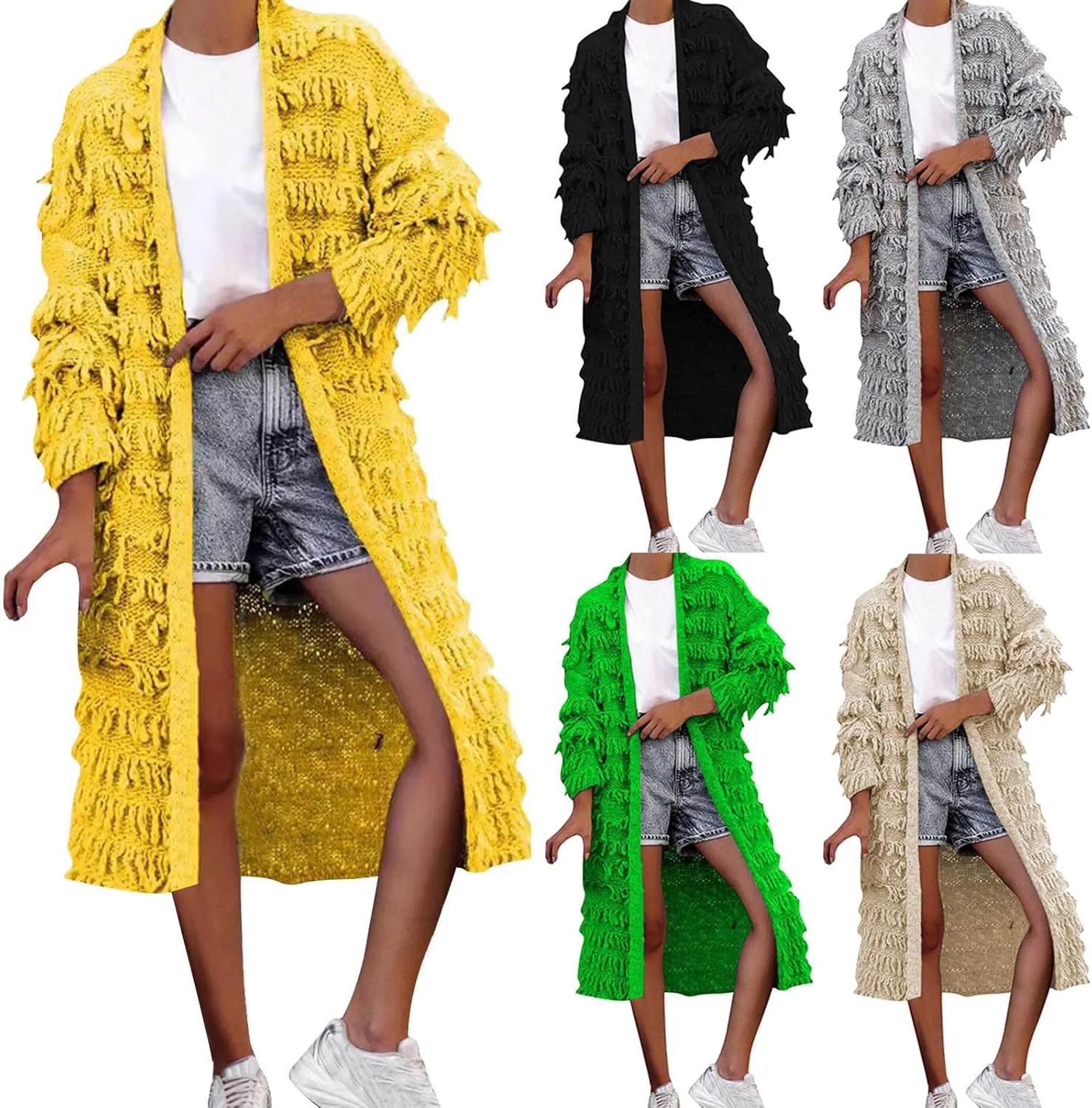 HGps8w Chic Tassles Long Cardigans for Women Casual Open Front Long Sleeve Cozy Knit Outerwear Jackets