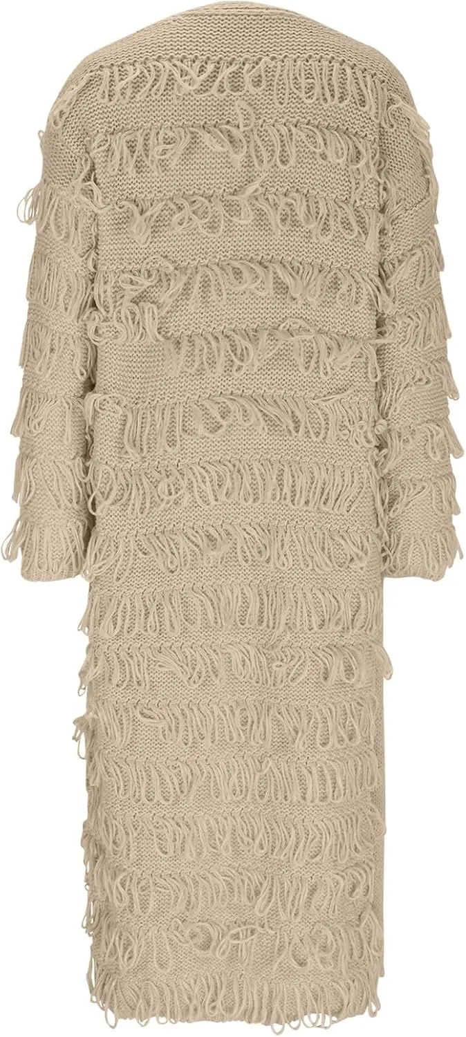 HGps8w Chic Tassles Long Cardigans for Women Casual Open Front Long Sleeve Cozy Knit Outerwear Jackets