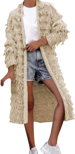 HGps8w Chic Tassles Long Cardigans for Women Casual Open Front Long Sleeve Cozy Knit Outerwear Jackets