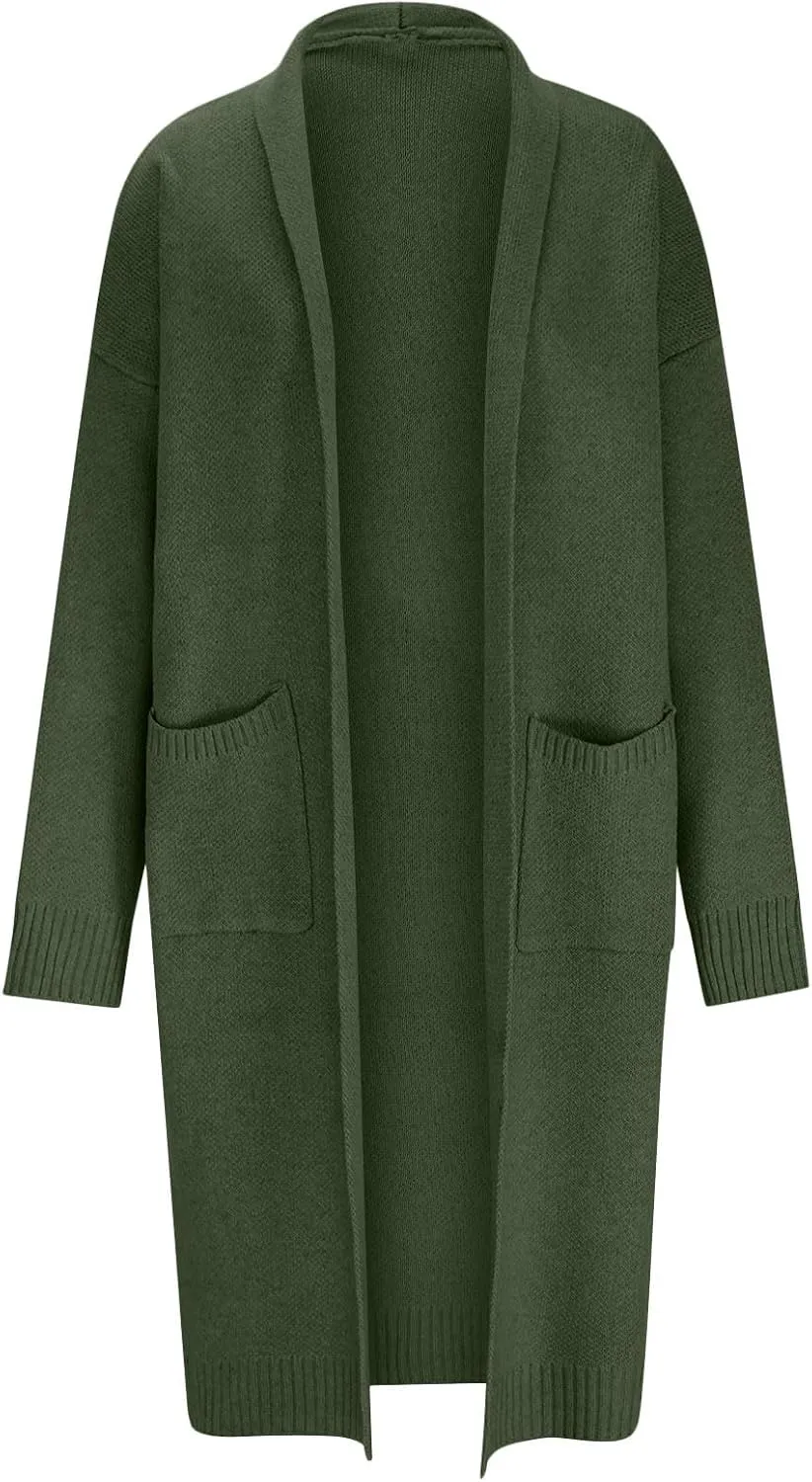 HGps8w Long Cardigans for Women Fall Winter Elegant Open Front Casual Cozy Long Sleeve Knit Outerwear Jackets with Pockets