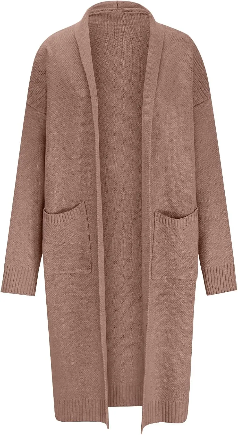 HGps8w Long Cardigans for Women Fall Winter Elegant Open Front Casual Cozy Long Sleeve Knit Outerwear Jackets with Pockets