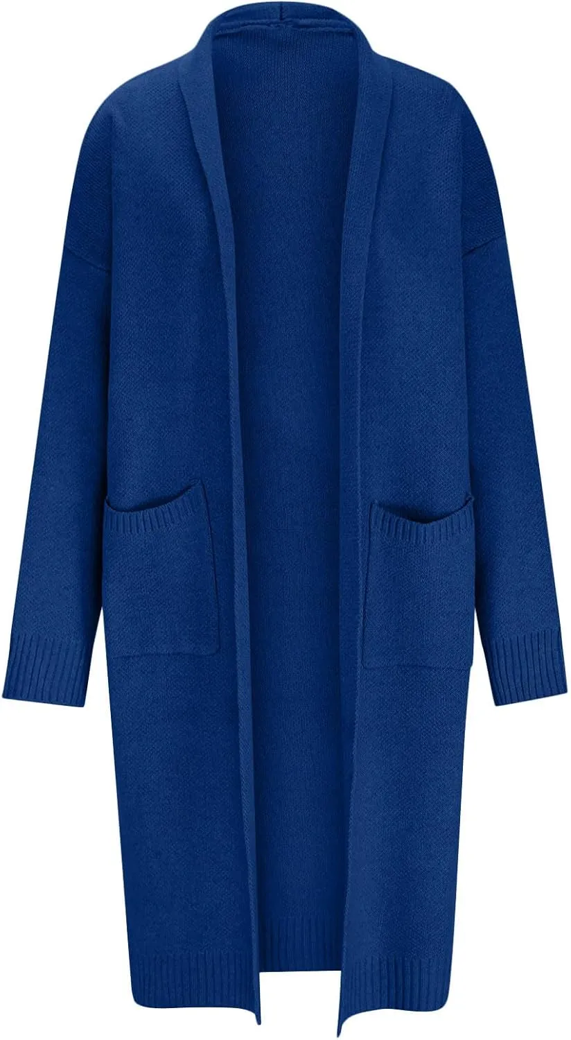 HGps8w Long Cardigans for Women Fall Winter Elegant Open Front Casual Cozy Long Sleeve Knit Outerwear Jackets with Pockets