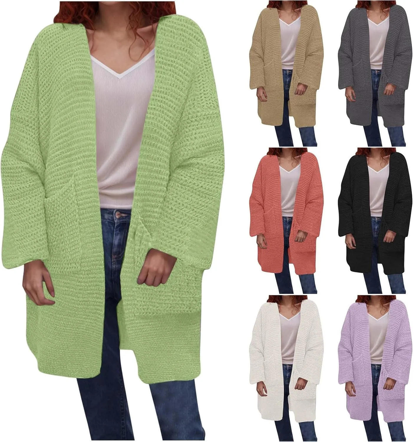 HGps8w Long Cardigans for Women Open Front Loose Casual Long Sleeve Cozy Chunky Knit Outerwear Jackets with Pockets