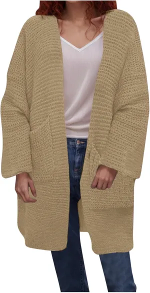 HGps8w Long Cardigans for Women Open Front Loose Casual Long Sleeve Cozy Chunky Knit Outerwear Jackets with Pockets