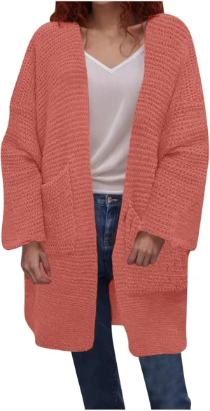 HGps8w Long Cardigans for Women Open Front Loose Casual Long Sleeve Cozy Chunky Knit Outerwear Jackets with Pockets