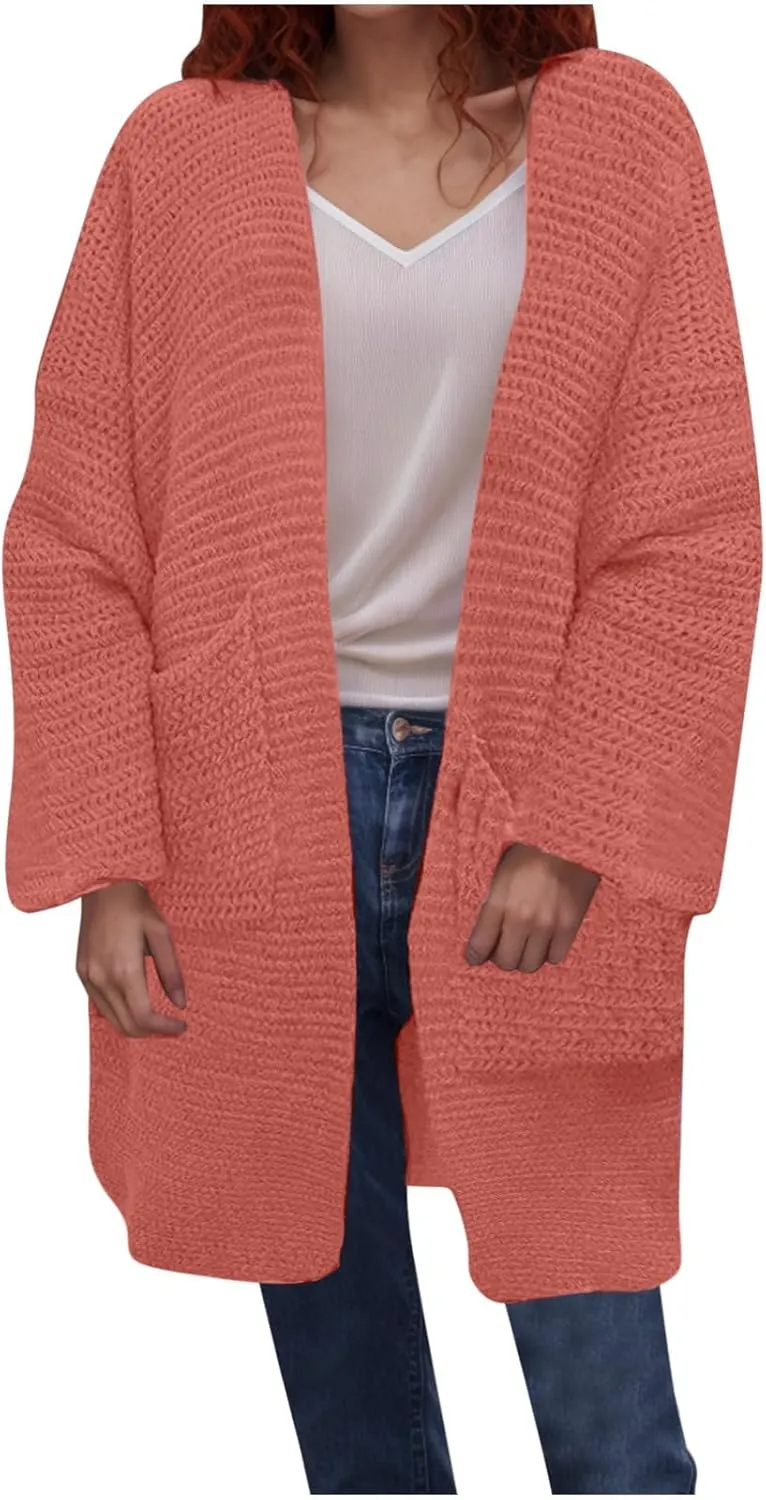 HGps8w Long Cardigans for Women Open Front Loose Casual Long Sleeve Cozy Chunky Knit Outerwear Jackets with Pockets