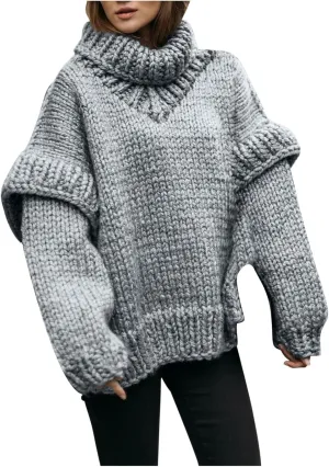 HGps8w Women's Chunky Knit Oversized Turtleneck Sweaters - Fall Winter Loose Cozy Long Sleeve Pullover Jumper Tops