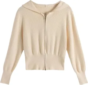 HGps8w Women's Crop Full Zip Knit Hooded Cardigans Open Front Long Sleeve Fall Winter Sweater Coat Outerwear