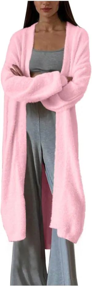 HGps8w Women's Fuzzy Soft Long Sweater Cardigans Casual Long Sleeve Open Front Knitted Outerwear Jackets