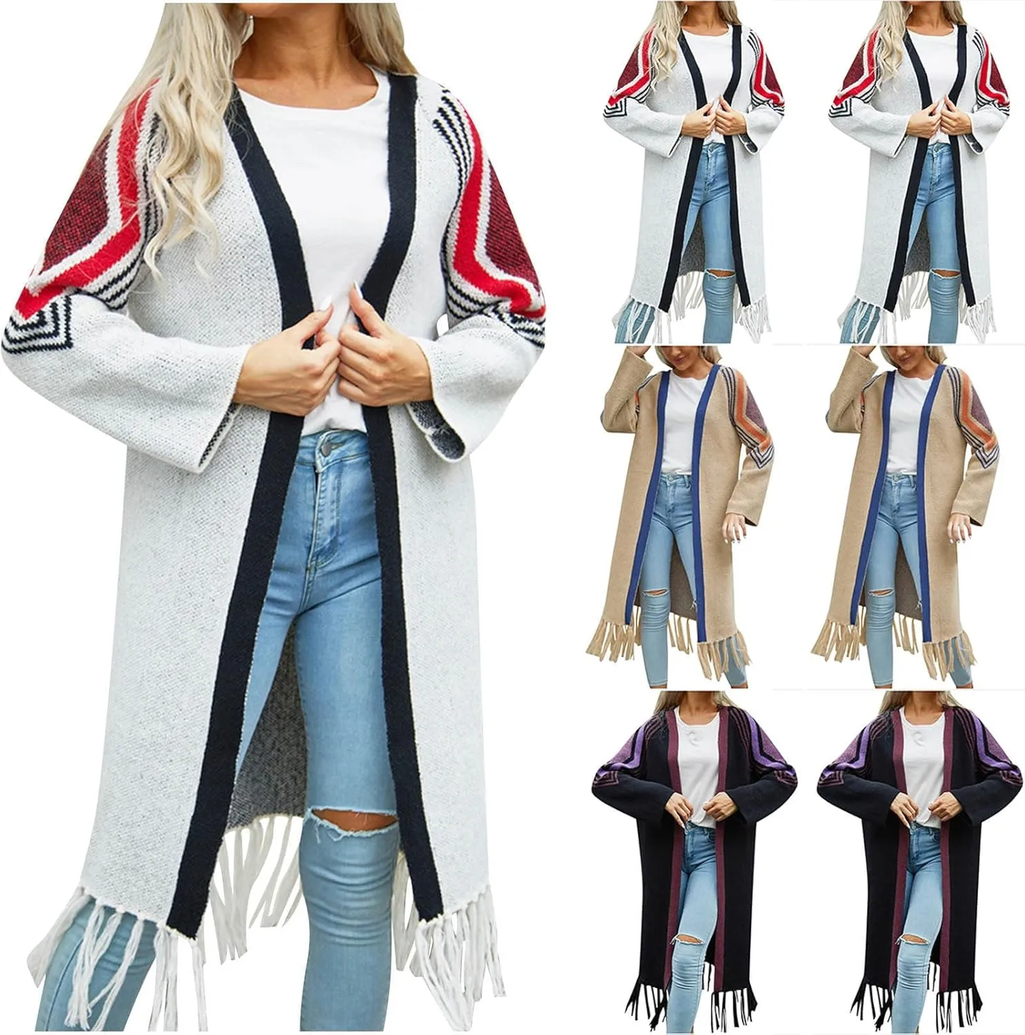 HGps8w Womens Tassel Hem Long Open Front Cardigan Sweaters Casual Long Sleeve Knitted Trendy Outerwear Jackets