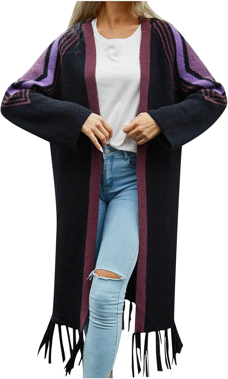 HGps8w Womens Tassel Hem Long Open Front Cardigan Sweaters Casual Long Sleeve Knitted Trendy Outerwear Jackets