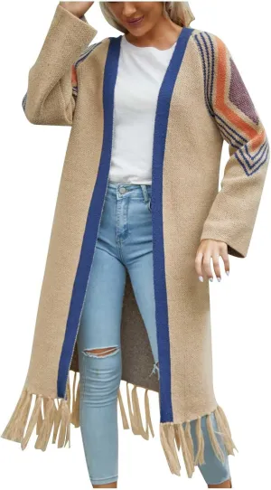 HGps8w Womens Tassel Hem Long Open Front Cardigan Sweaters Casual Long Sleeve Knitted Trendy Outerwear Jackets