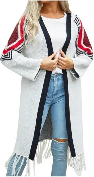 HGps8w Womens Tassel Hem Long Open Front Cardigan Sweaters Casual Long Sleeve Knitted Trendy Outerwear Jackets