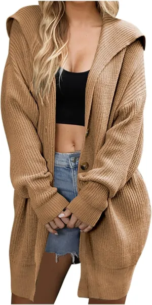HGps8w Women's Winter Hooded Cardigans Open Front Loose Button Up Long Sleeve Knit Sweater Coat Outerwear with Pockets