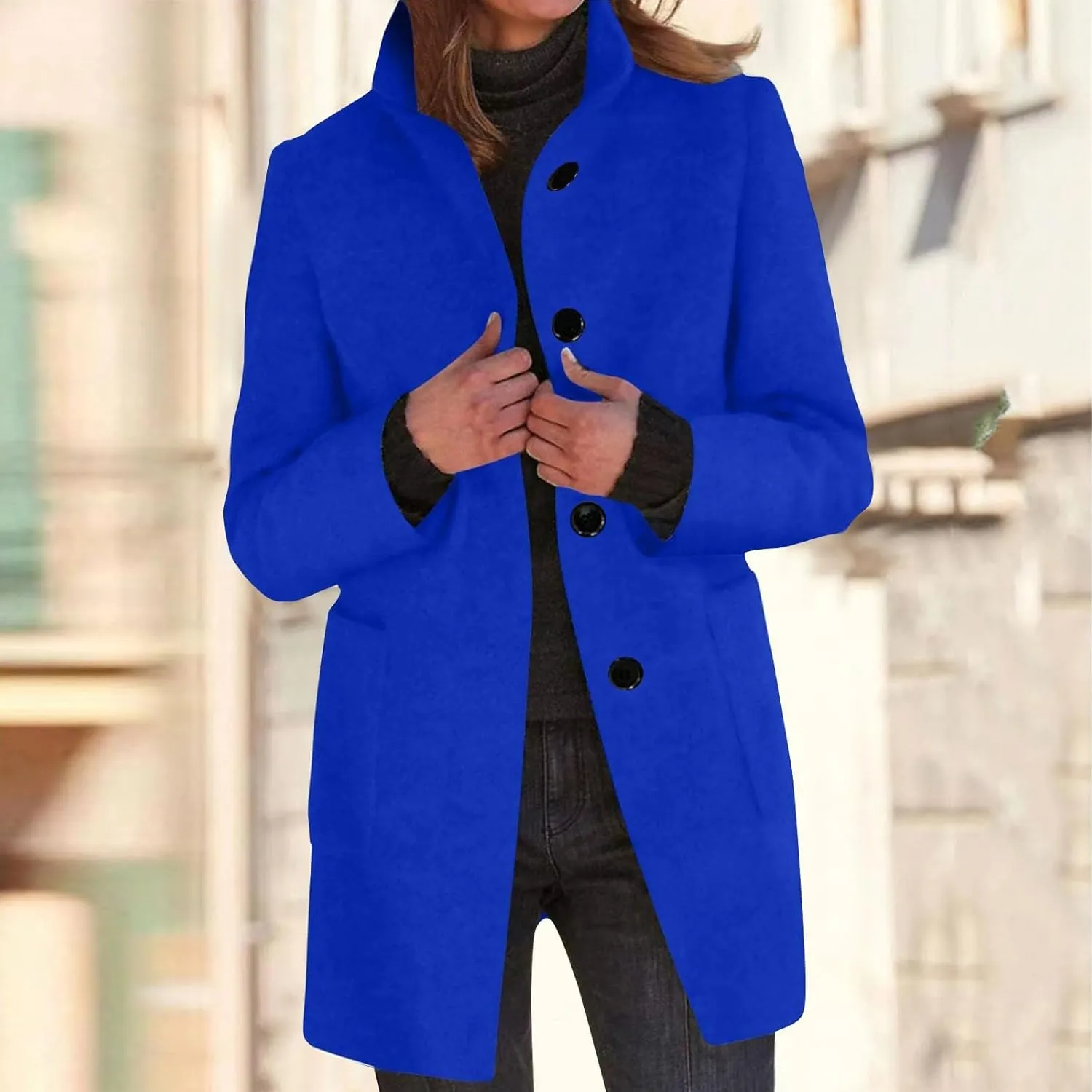 HXHYQKP Pea Coats for Women Basic Stand Collar Slim Fit Jacket Pea Coat Notched Lapel Trench Coat