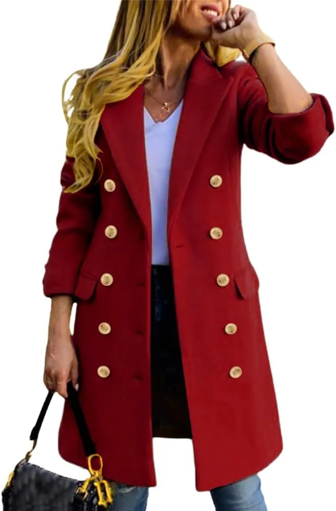 IDEALSANXUN Womens Fall Winter Wool Coats Double Breasted Midi Peacoat Trench Coats
