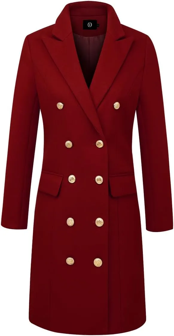 IDEALSANXUN Womens Fall Winter Wool Coats Double Breasted Midi Peacoat Trench Coats