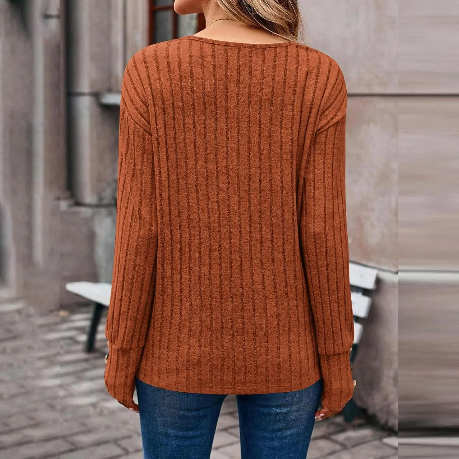 iLH Sweaters for Women 2024 Long Sleeve Ribbed Knit Sweater Casual V Neck Shirts Lightweight Loose Trendy Tunic Tops