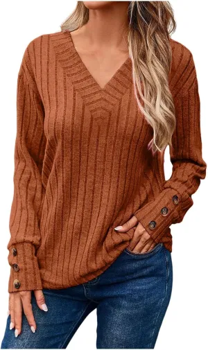 iLH Sweaters for Women 2024 Long Sleeve Ribbed Knit Sweater Casual V Neck Shirts Lightweight Loose Trendy Tunic Tops