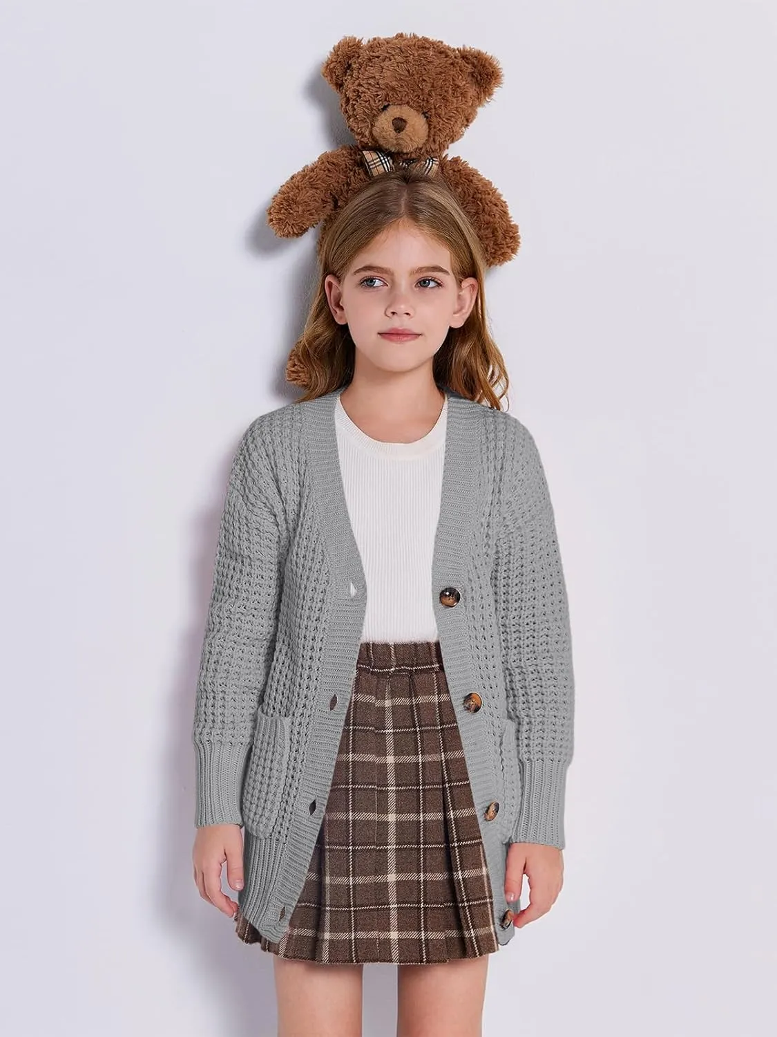 Imily Bela Girls Sweaters Kids Open Front Button Down Knit Cardigans with Pockets