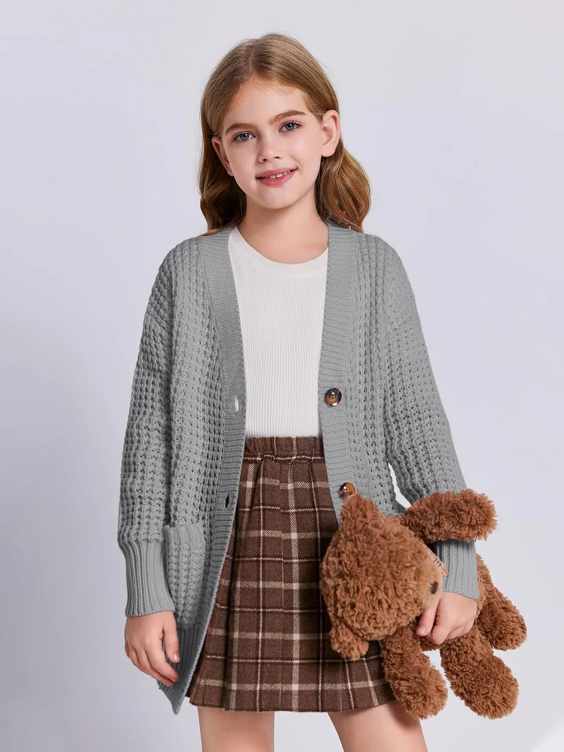 Imily Bela Girls Sweaters Kids Open Front Button Down Knit Cardigans with Pockets