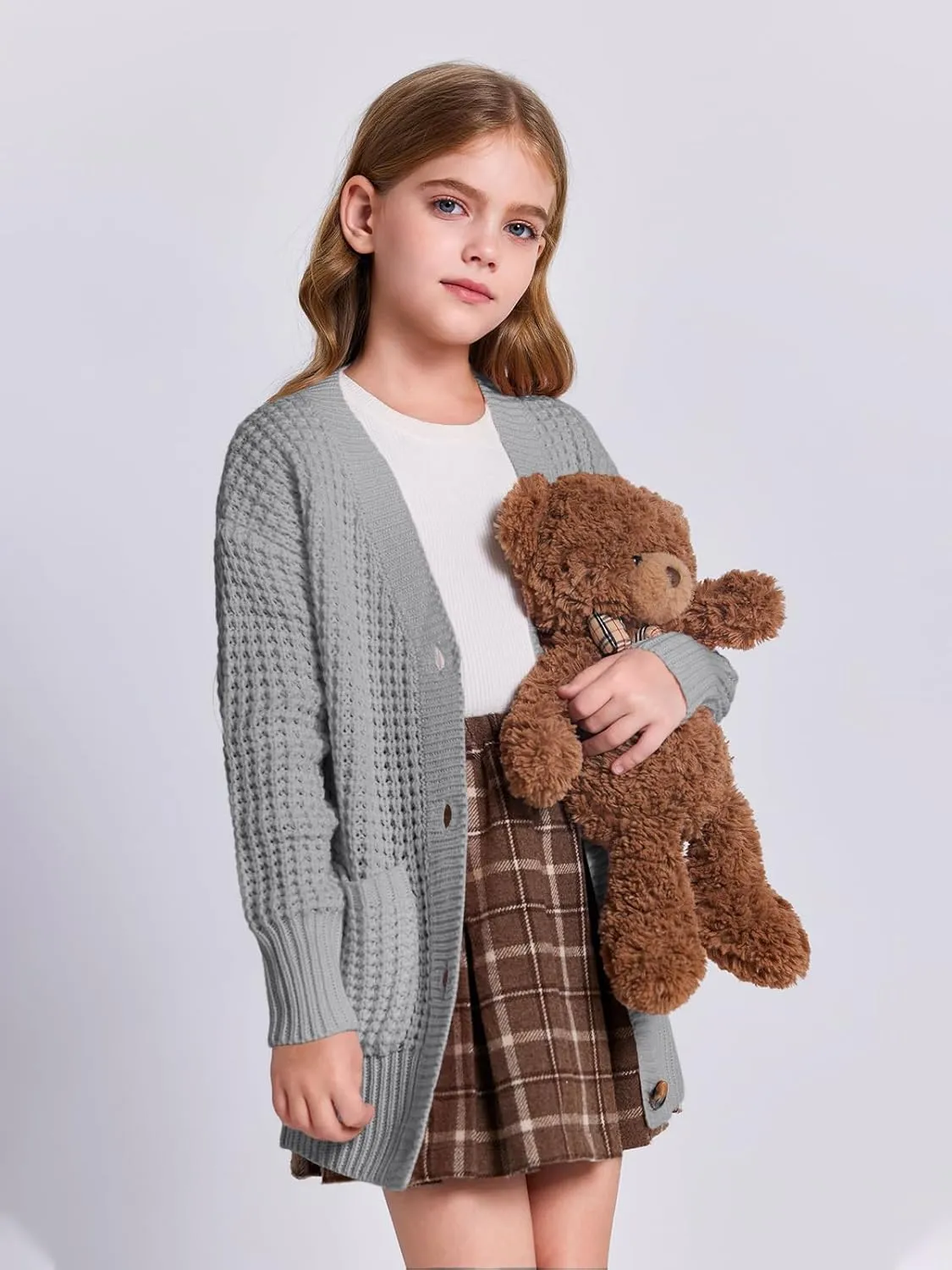 Imily Bela Girls Sweaters Kids Open Front Button Down Knit Cardigans with Pockets
