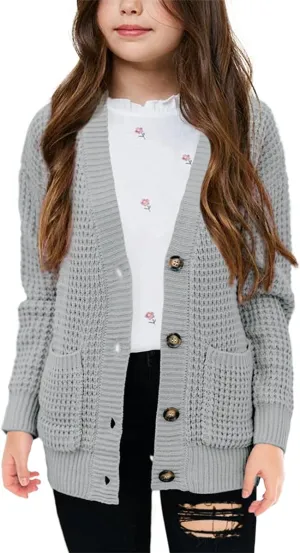 Imily Bela Girls Sweaters Kids Open Front Button Down Knit Cardigans with Pockets