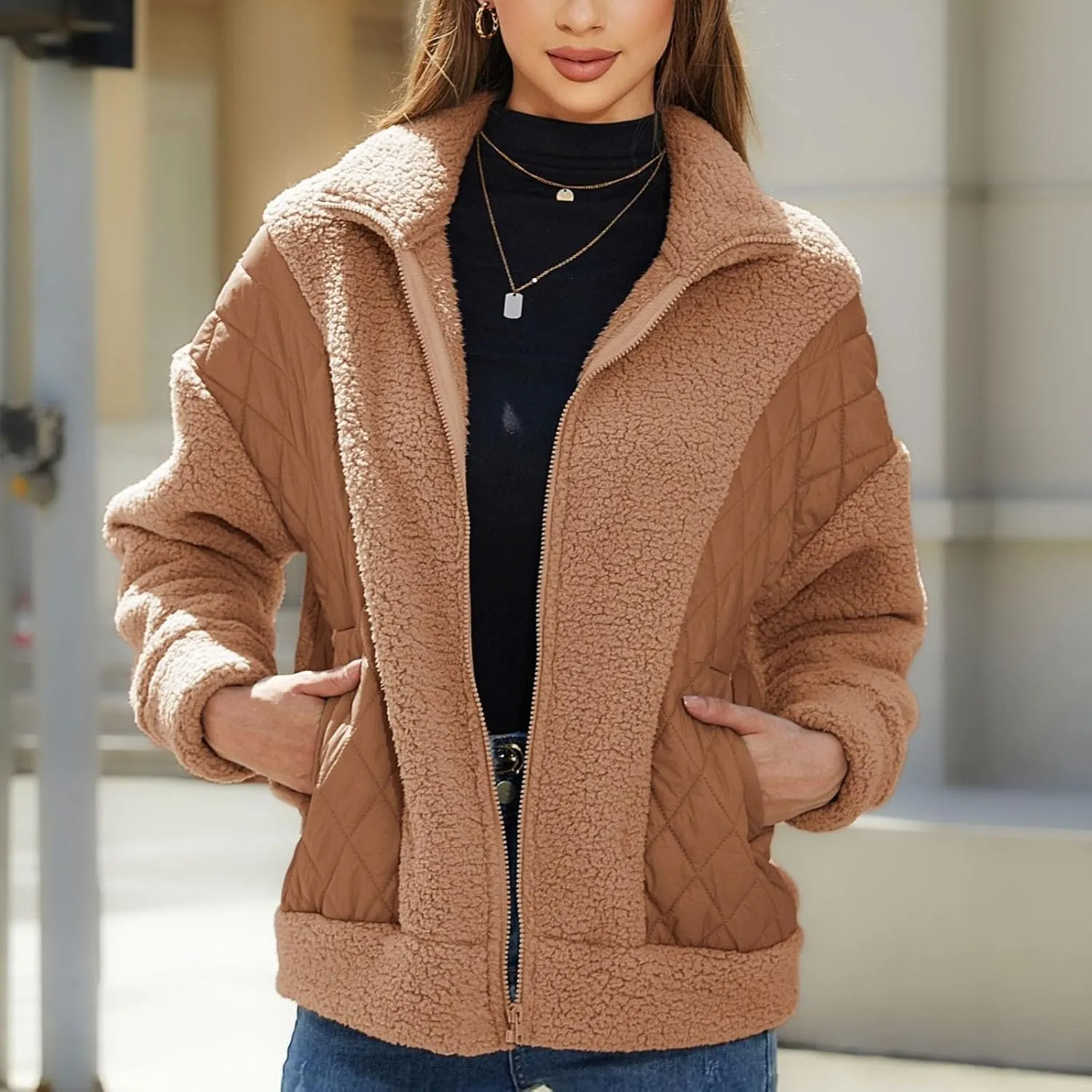 Jackets for Women Full Zip Fuzzy Fleece Sherpa Lined Cardignas Jacket Plus Size Open Front Winter Coats with Pockets