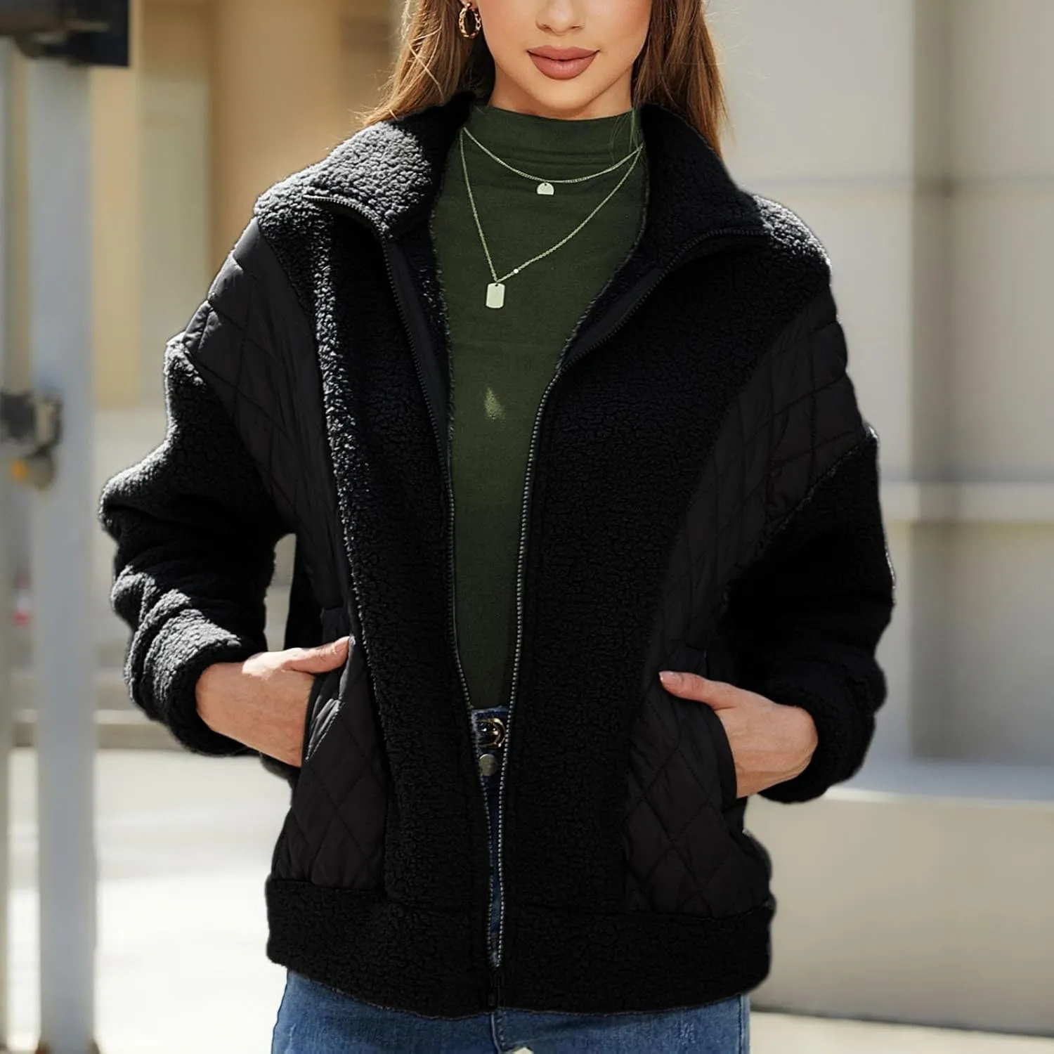Jackets for Women Full Zip Fuzzy Fleece Sherpa Lined Cardignas Jacket Plus Size Open Front Winter Coats with Pockets
