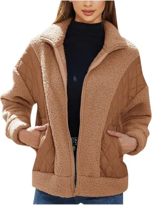 Jackets for Women Full Zip Fuzzy Fleece Sherpa Lined Cardignas Jacket Plus Size Open Front Winter Coats with Pockets