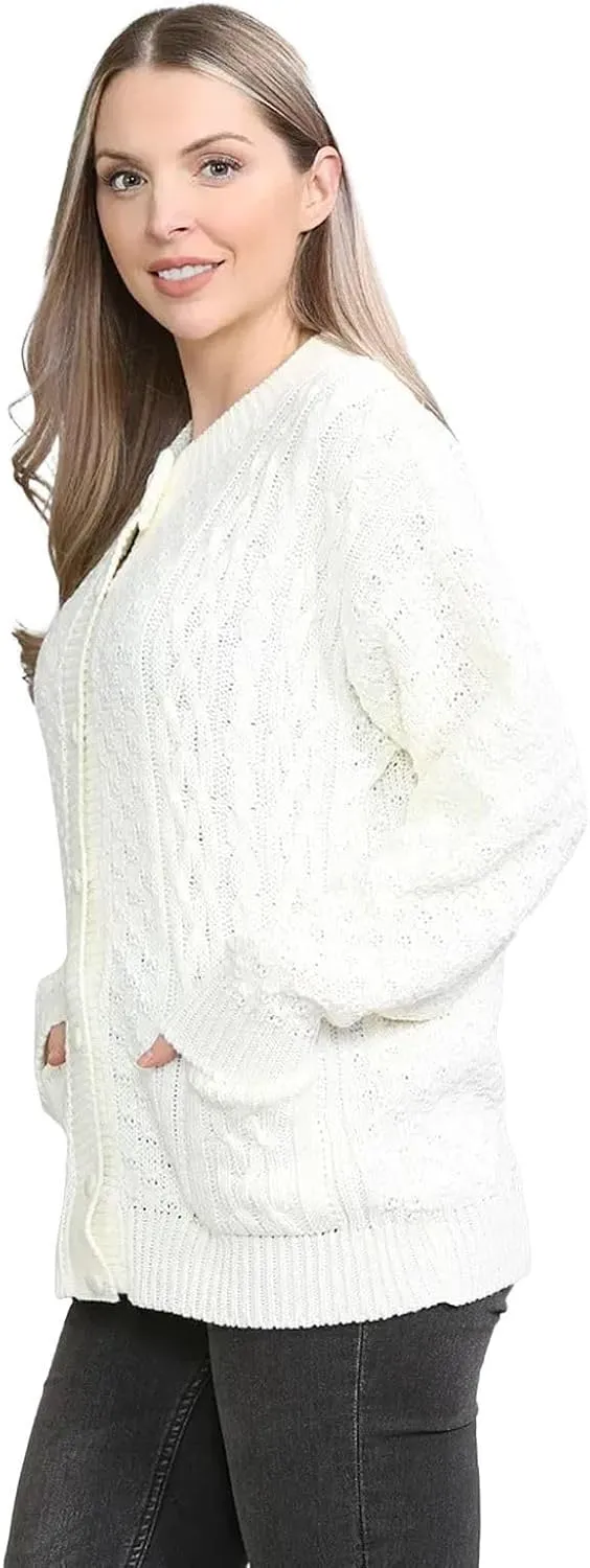 Janisramone Cable Knit Sweater Women, Crew Neck Cable Knit Cardigan, Long Sleeve Cardigan for Women, Button up Cardigan