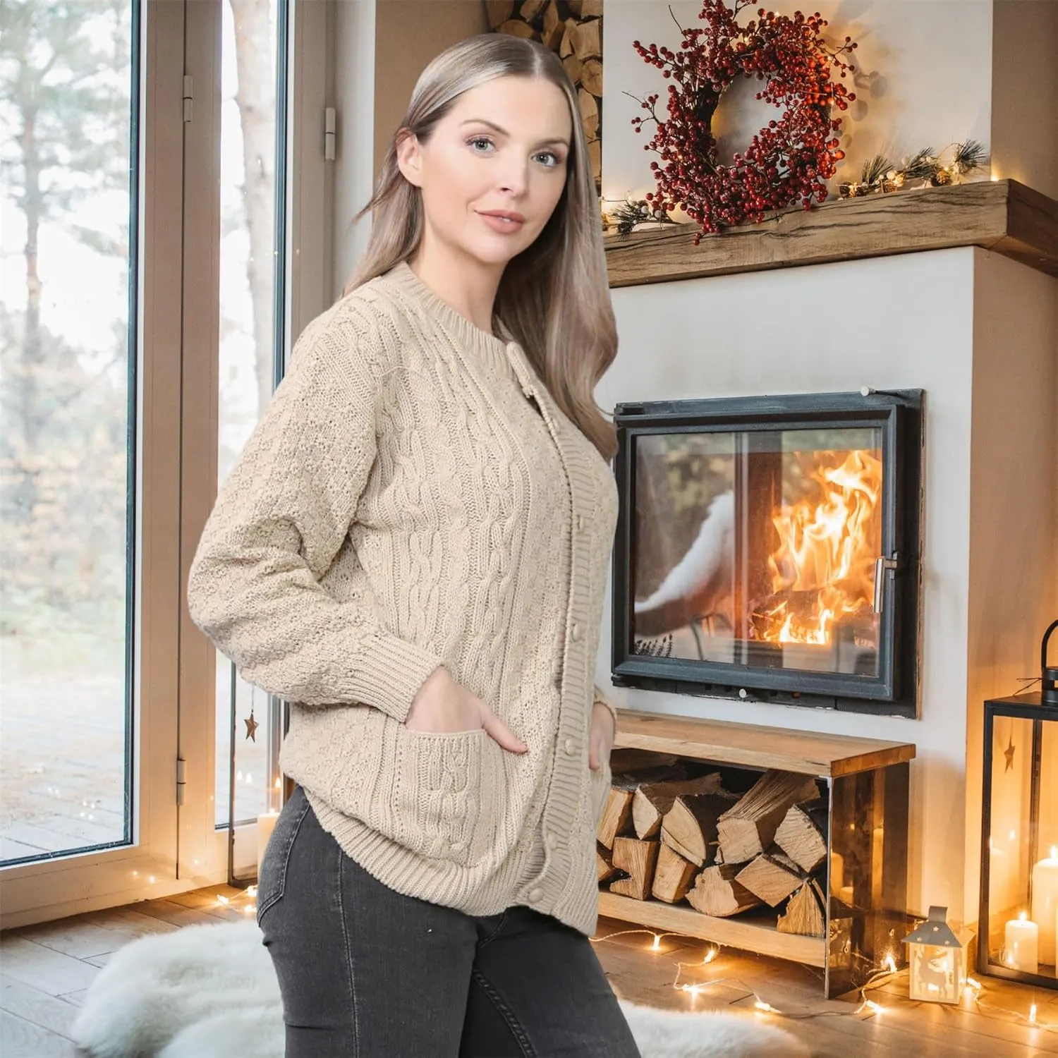 Janisramone Cable Knit Sweater Women, Crew Neck Cable Knit Cardigan, Long Sleeve Cardigan for Women, Button up Cardigan