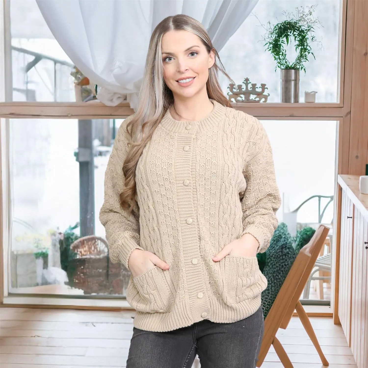 Janisramone Cable Knit Sweater Women, Crew Neck Cable Knit Cardigan, Long Sleeve Cardigan for Women, Button up Cardigan