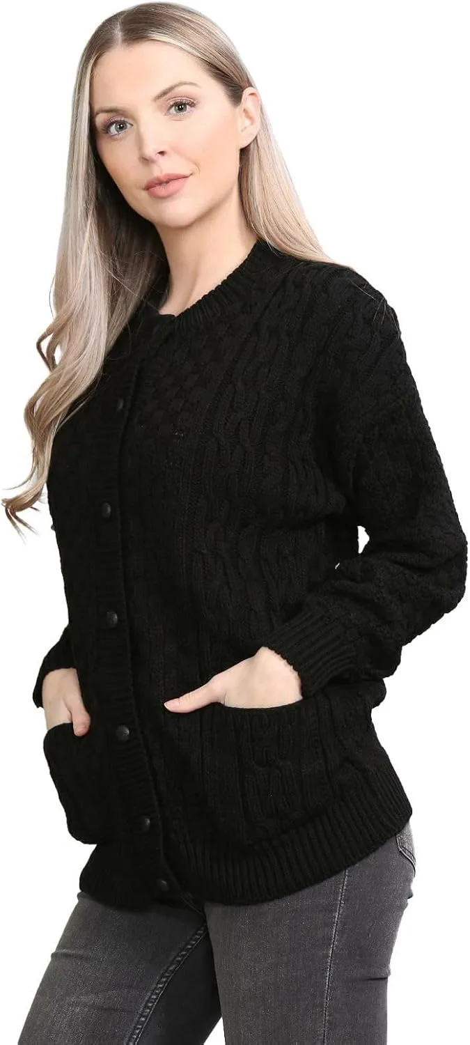 Janisramone Cable Knit Sweater Women, Crew Neck Cable Knit Cardigan, Long Sleeve Cardigan for Women, Button up Cardigan