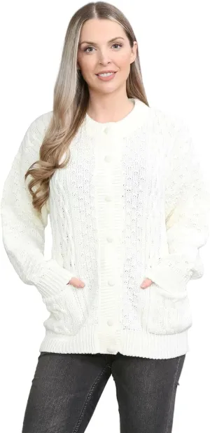 Janisramone Cable Knit Sweater Women, Crew Neck Cable Knit Cardigan, Long Sleeve Cardigan for Women, Button up Cardigan