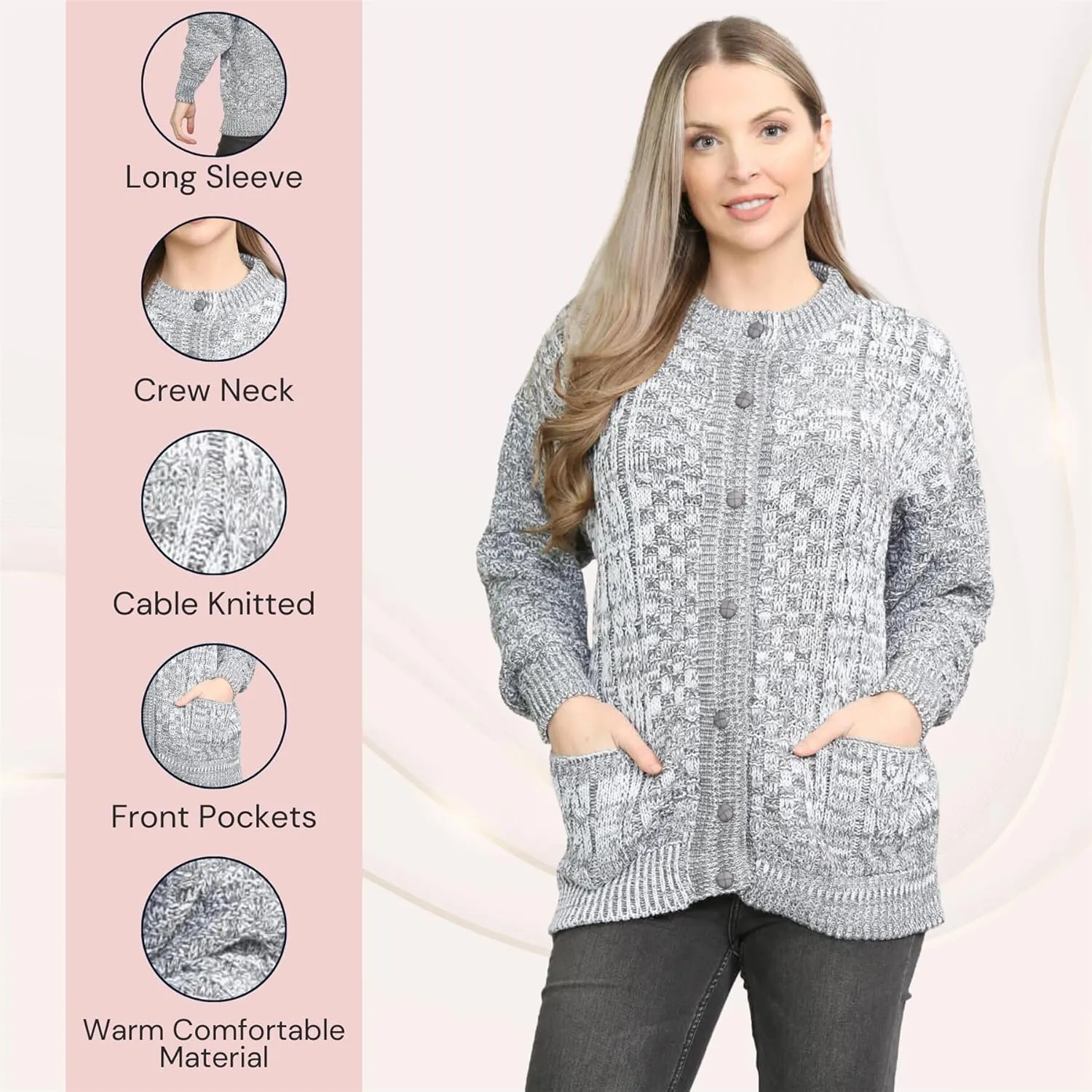 Janisramone Cable Knit Sweater Women, Crew Neck Cable Knit Cardigan, Long Sleeve Cardigan for Women, Button up Cardigan
