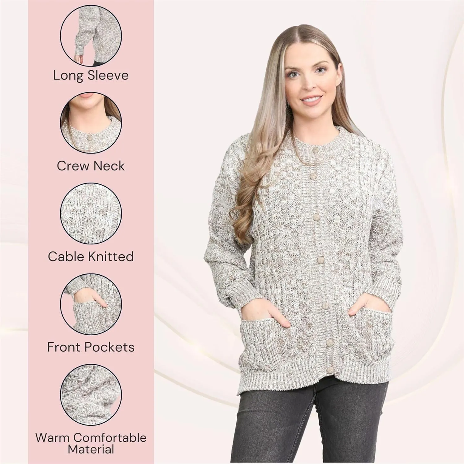 Janisramone Cable Knit Sweater Women, Crew Neck Cable Knit Cardigan, Long Sleeve Cardigan for Women, Button up Cardigan