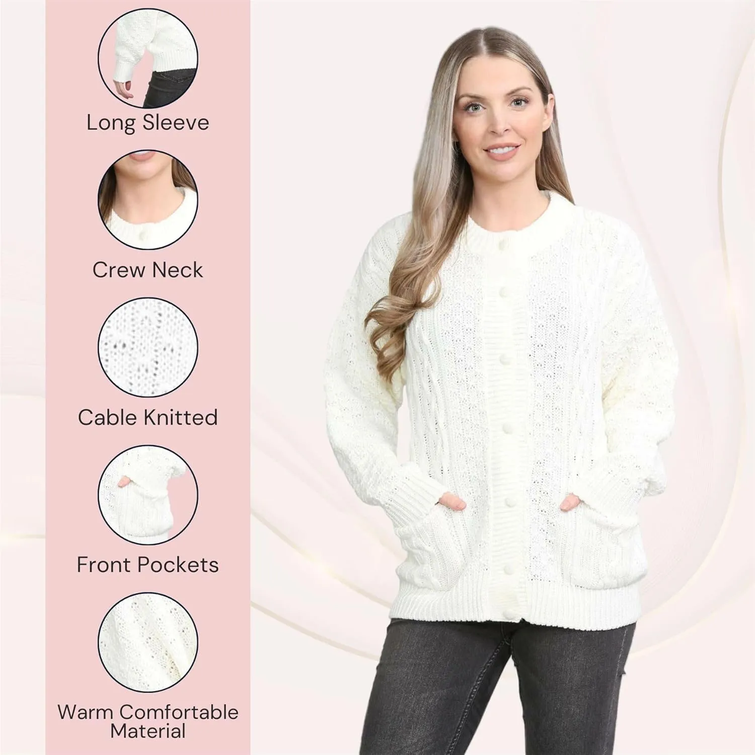 Janisramone Cable Knit Sweater Women, Crew Neck Cable Knit Cardigan, Long Sleeve Cardigan for Women, Button up Cardigan