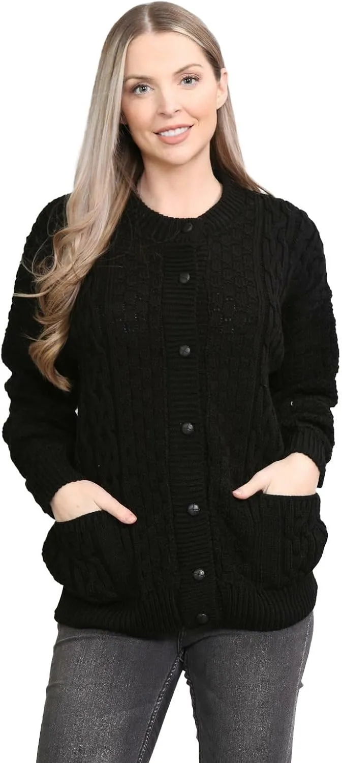 Janisramone Cable Knit Sweater Women, Crew Neck Cable Knit Cardigan, Long Sleeve Cardigan for Women, Button up Cardigan
