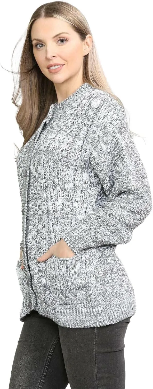 Janisramone Cable Knit Sweater Women, Crew Neck Cable Knit Cardigan, Long Sleeve Cardigan for Women, Button up Cardigan
