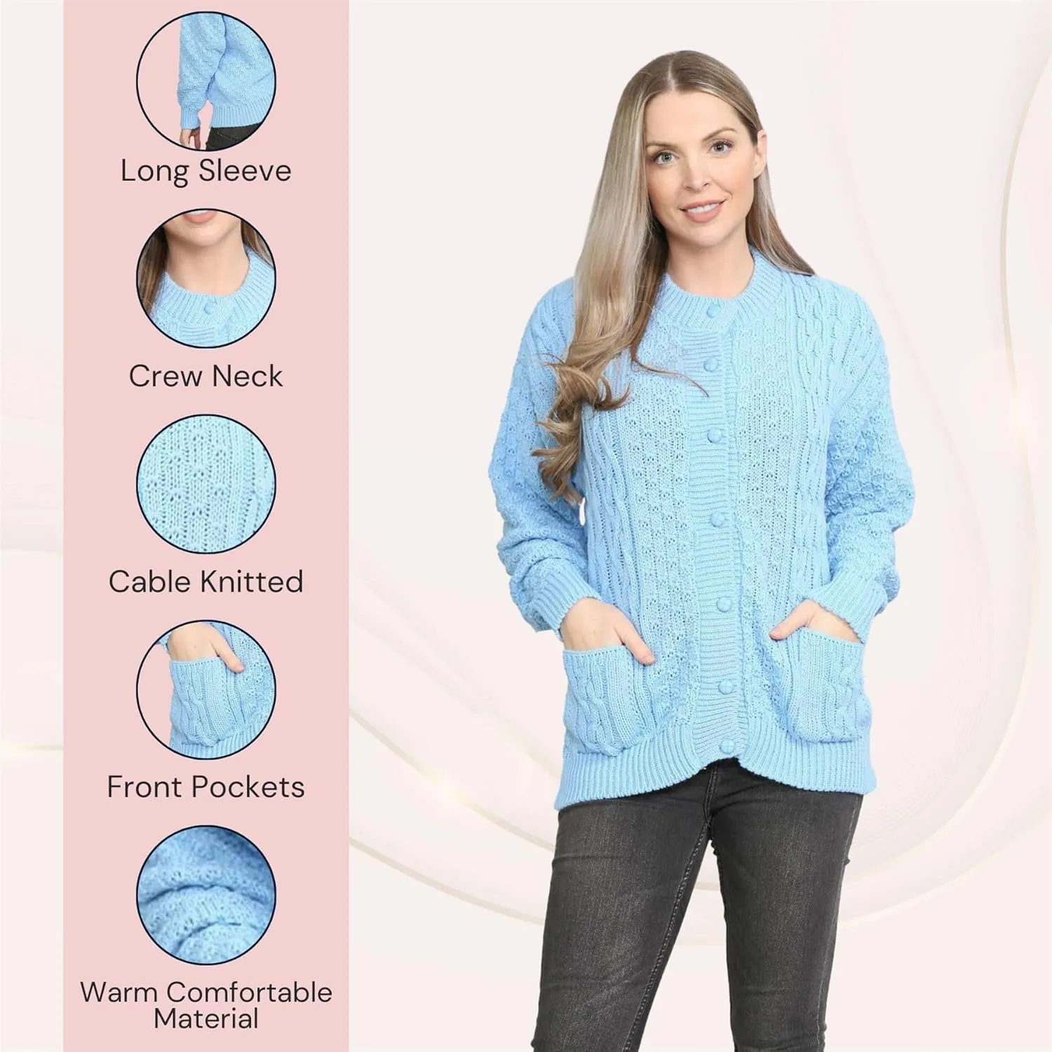 Janisramone Cable Knit Sweater Women, Crew Neck Cable Knit Cardigan, Long Sleeve Cardigan for Women, Button up Cardigan