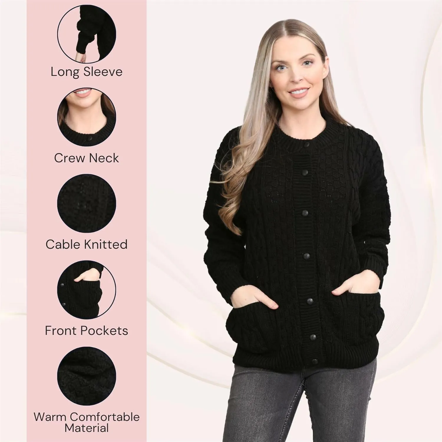 Janisramone Cable Knit Sweater Women, Crew Neck Cable Knit Cardigan, Long Sleeve Cardigan for Women, Button up Cardigan